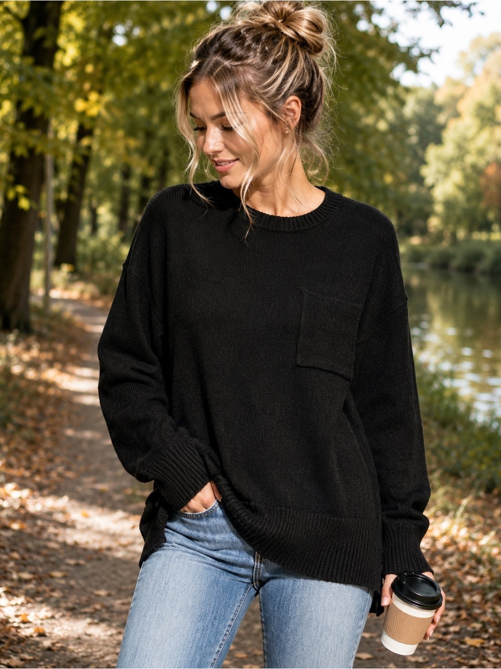 Zenana L/XL Black Oversized Knit Pocket Sweater Raw Hem